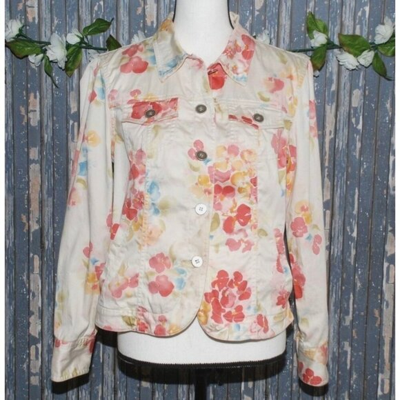 Yellow Coldwater Creek Ladies Floral Denim Jacket S Button Front Casual Modest - Picture 1 of 8